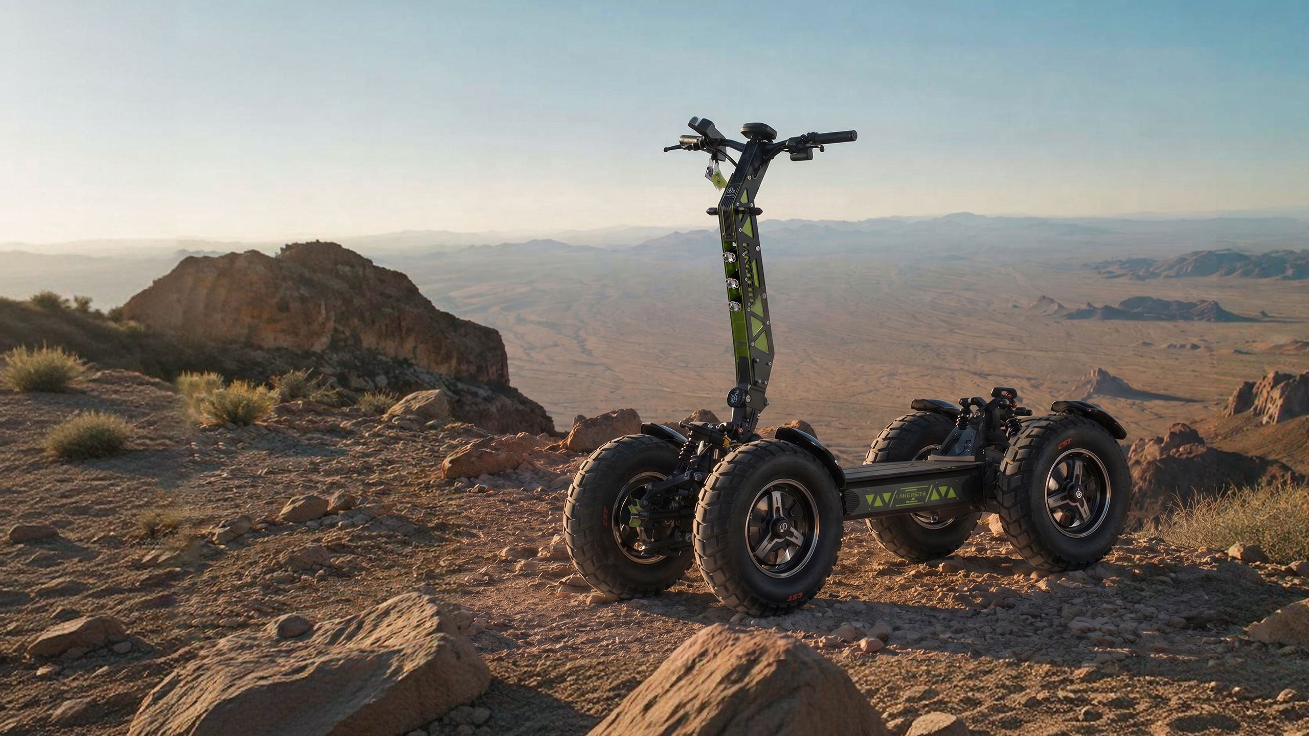 LANGFEITE GT4S four-wheel electric platform airborne over desert terrain